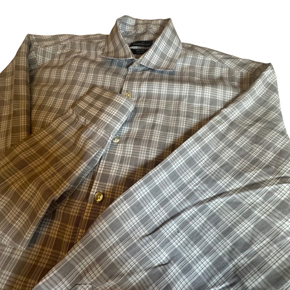 Kenneth Cole New York Mens Slim Fit Non Iron Plaid Dress Shirt Grey 15 32/33